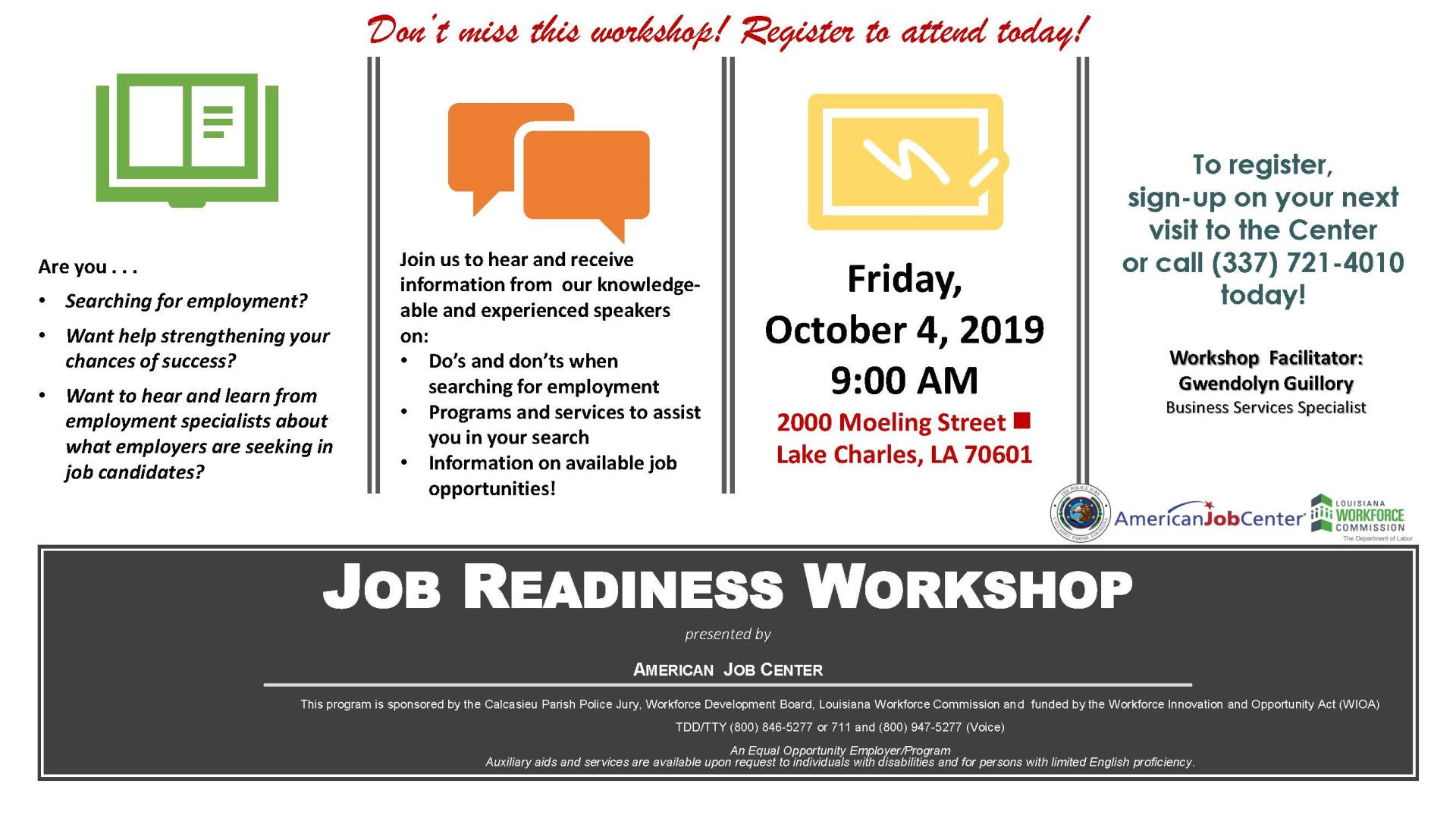 Job Readiness Workshop Flyer for 10-4-2019