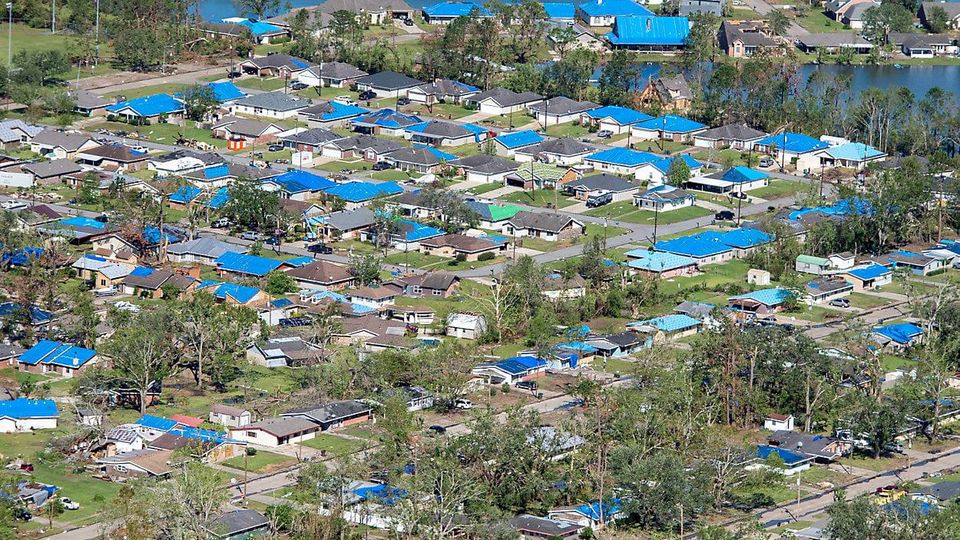 Hurricane Laura overhead blue roofs