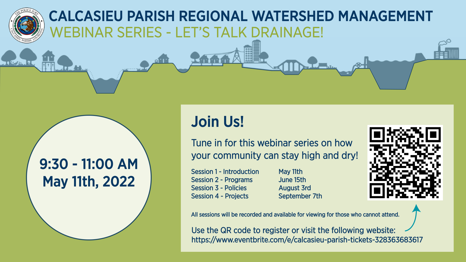 Let's Talk Drainage webinar invitation - use the QR code on the middle right to register