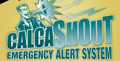 calcashout emergency alert system logo of a cartoon man shouting in an megaphone